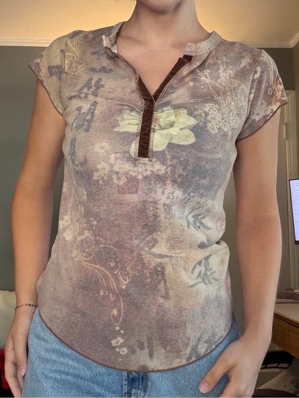 Y2K Brown Floral Graphic Short Sleeve Top